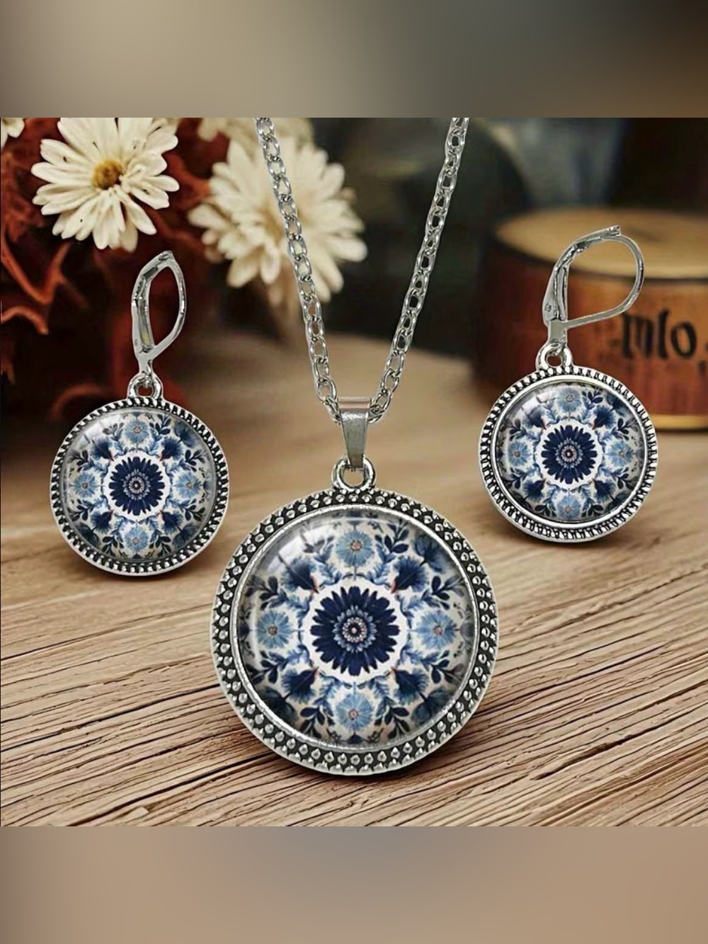 Blue Floral Medallion Pendant Necklace and Earring Set - Silver-Tone
